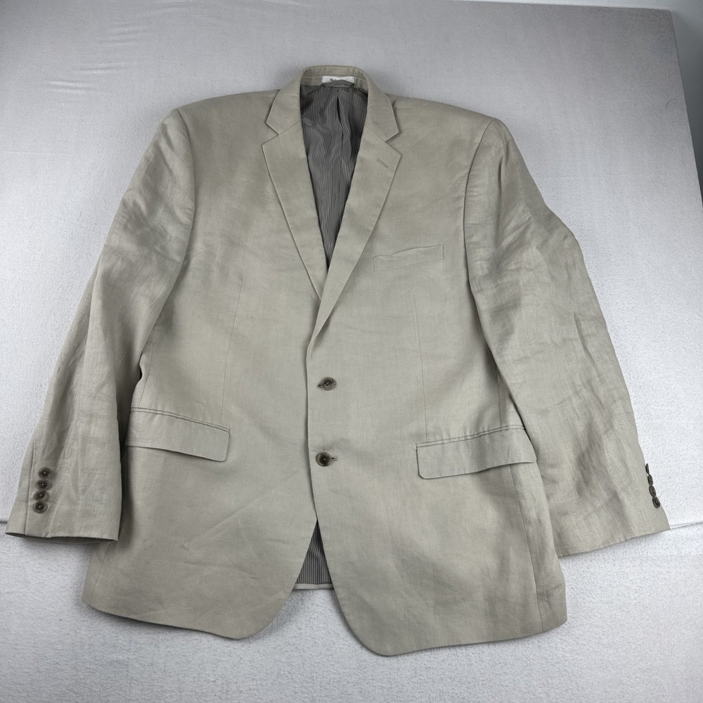 Calvin Klein Mens 100% Linen Beige Blazer 46R Comfort breathable wedding preppy